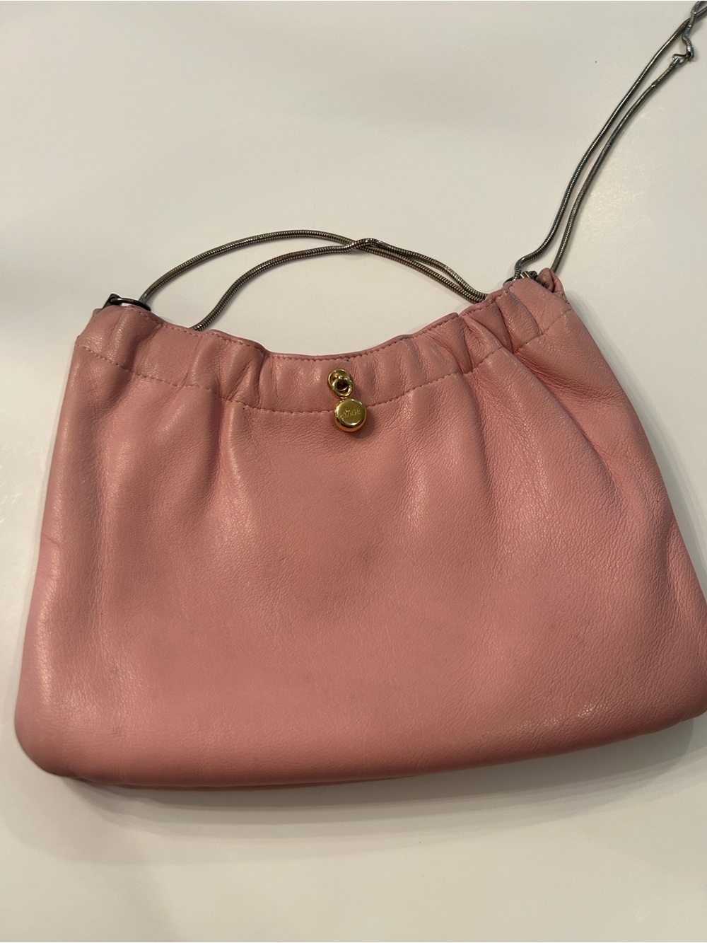 Vintage 1960s Andé Pink Leather purse with Gold Accent & silver tone snake chain